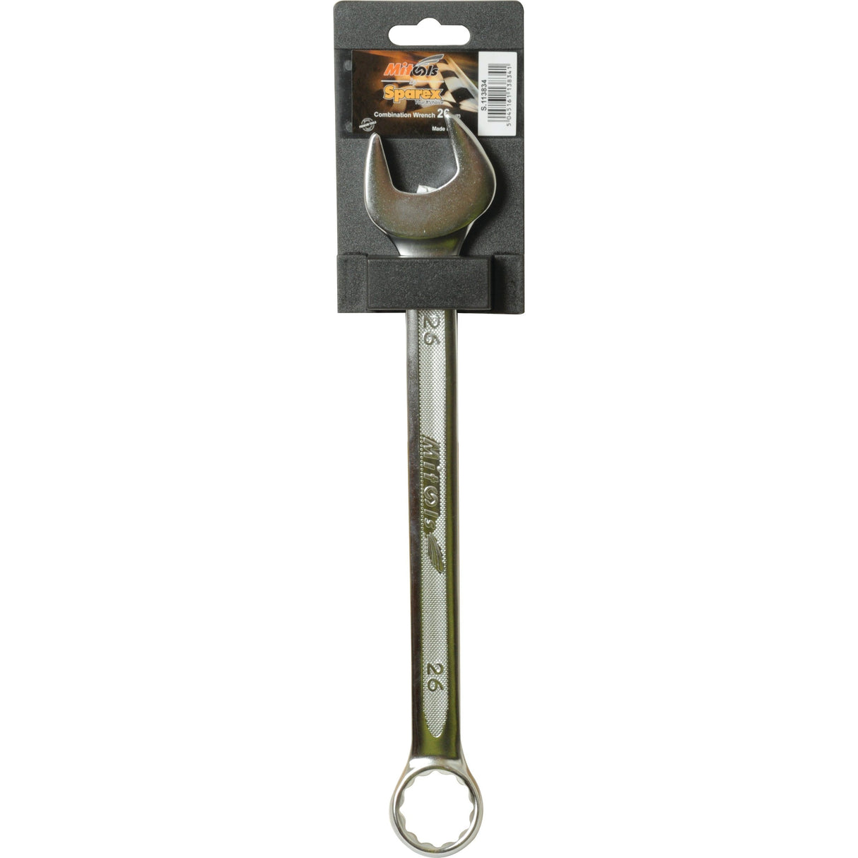 The Sparex Combination Spanner 26mm (Part No. S.113834) features an open-end on one side and a box-end on the other, crafted from durable chrome vanadium steel. It comes attractively packaged on black cardboard backing with clear branding and a barcode.