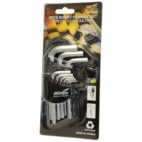 A 9-piece Short Hex Key Wrench Set, Sparex Part No. S.113841, features sizes ranging from 1.5mm to 10mm. This set is made of durable CR-V/S2 steel and comes packaged in a clear plastic cover that includes branding and recycling information from the Sparex brand.