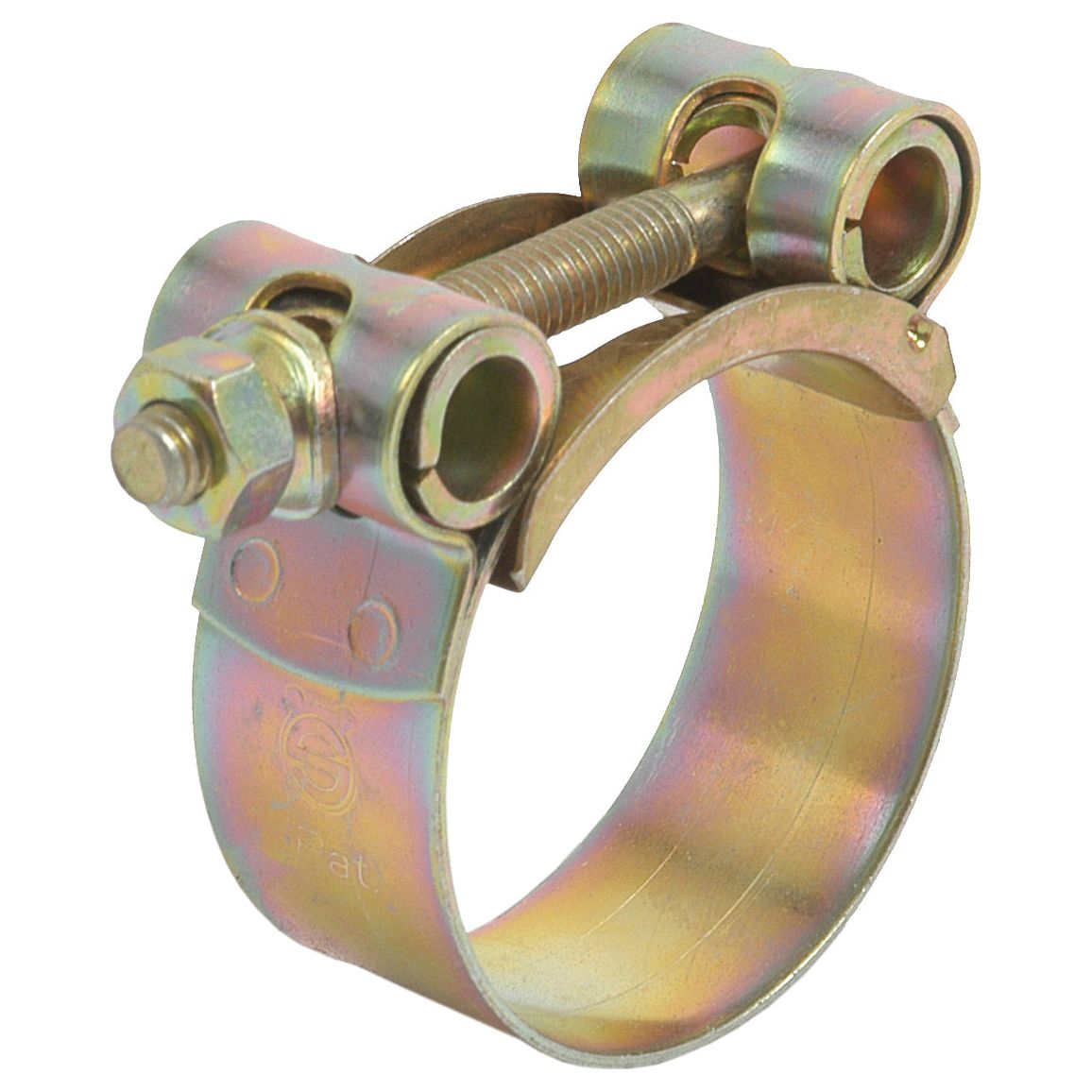 The Sparex Heavy Duty Hose Clip (Ø40-43mm | Sparex Part No. S.11384) is crafted from galvanized steel and features a hexagonal nut for securing hoses. This robust hose clamp has a smooth band and utilizes a bolted assembly mechanism for reliable performance.