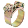 The Sparex Heavy Duty Hose Clip (Ø44-47mm | Sparex Part No. S.11385) is a metallic T-bolt hose clamp equipped with a bolt, nut, and two support brackets designed for securing hoses, made from galvanized steel for maximum durability.