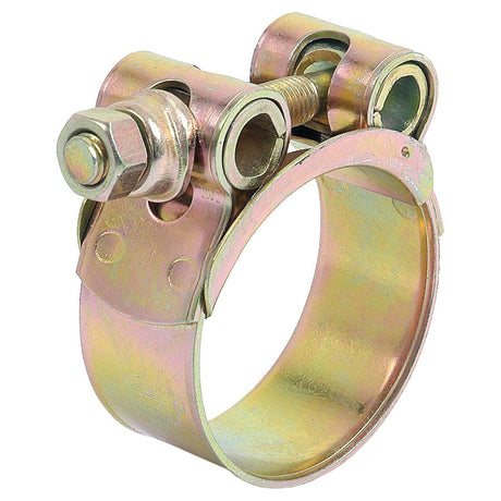 The Sparex Heavy Duty Hose Clip (Ø44-47mm | Sparex Part No. S.11385) is a metallic T-bolt hose clamp equipped with a bolt, nut, and two support brackets designed for securing hoses, made from galvanized steel for maximum durability.