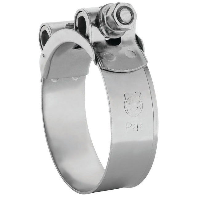 A robust, heavy-duty hose clip with a threaded bolt and nut mechanism, featuring an engraved logo and the word "Pat" on its stainless steel surface, branded as Sparex Heavy Duty Hose Clip: Ø64-67mm, Sparex Part No. S.11390.