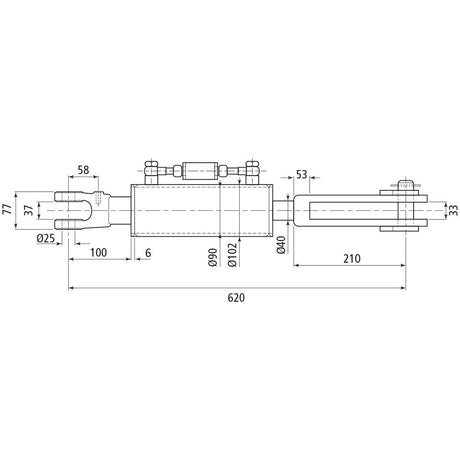 A technical drawing of the Sparex Hydraulic Levelling Box with precise measurements labeled, including dimensions for length, width, and diameter of various parts. The minimum length is 620 mm, and the cylinder bore is 90 mm. The diagram also details the Sparex Check Valve and end fittings to ensure accurate assembly. The Fork Hole dimensions are Ø 26mm and Ø 26x61mm.