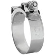 The Heavy Duty Hose Clip - Ø74-79mm from Sparex (Part No. S.11392) is constructed from galvanized steel and includes a screw for tightening. The band is adorned with an engraved icon and the text "Pat".