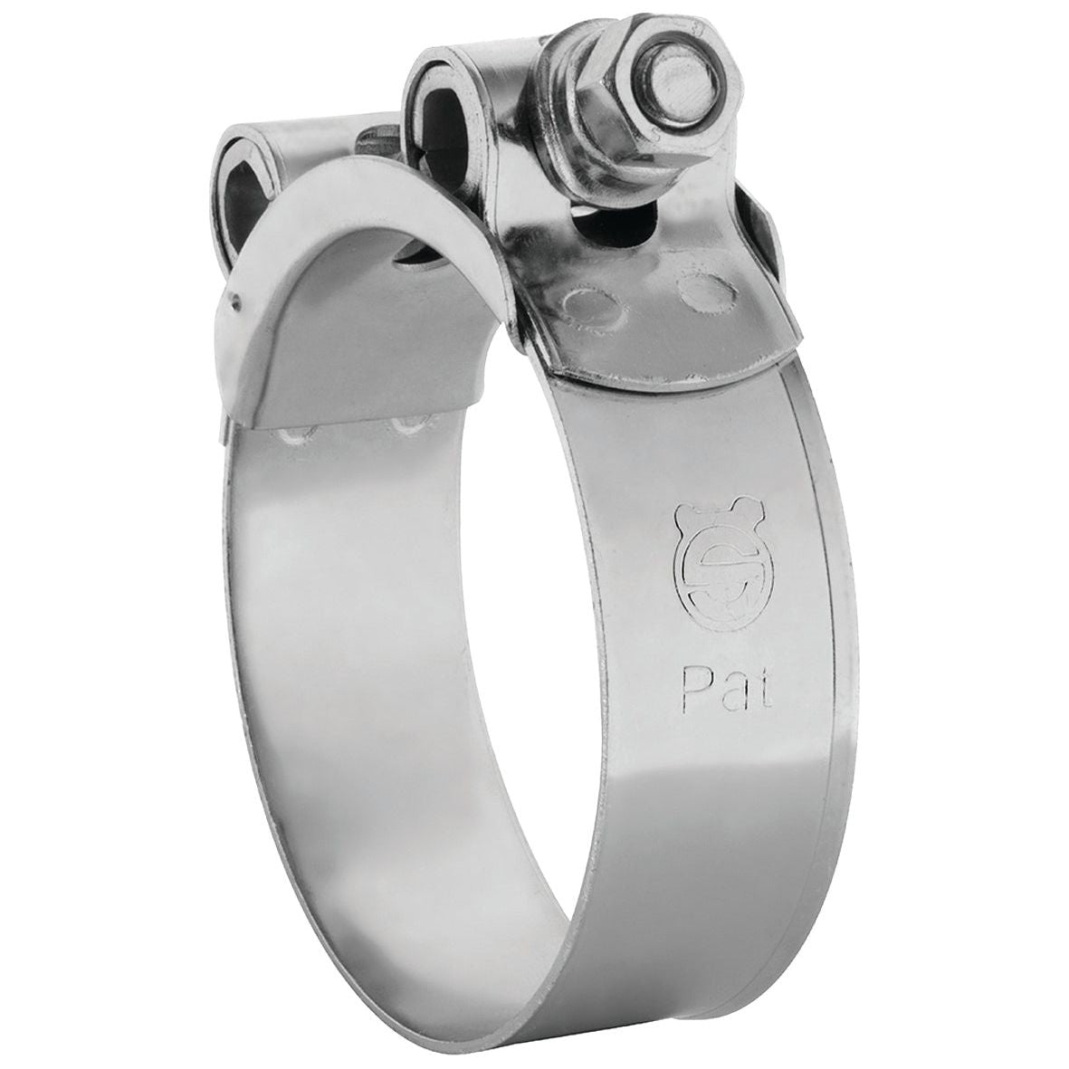 The Heavy Duty Hose Clip - Ø74-79mm from Sparex (Part No. S.11392) is constructed from galvanized steel and includes a screw for tightening. The band is adorned with an engraved icon and the text "Pat".