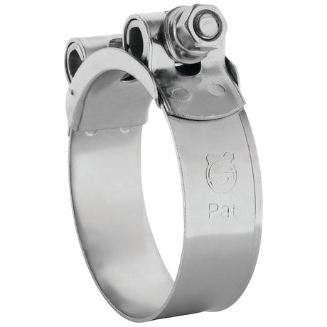 The Heavy Duty Hose Clip - Ø74-79mm from Sparex (Part No. S.11392) is constructed from galvanized steel and includes a screw for tightening. The band is adorned with an engraved icon and the text "Pat".