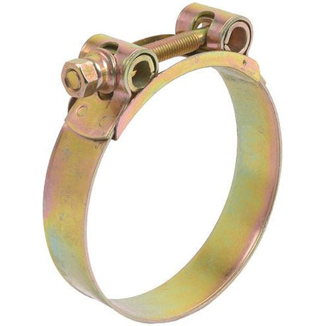 Introducing the Sparex Heavy Duty Hose Clip: Ø92-97mm (Part No. S.11395), a golden, galvanised steel metal hose clamp featuring a screw and bolt mechanism for tightening and securing hoses or pipes.