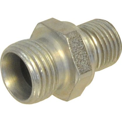 Close-up of the Sparex M16 (10L) Male X 1/4'' BSP Male 60* Cone, featuring male threads on both sides, a hexagonal center section, and marked as part no. S.114139.