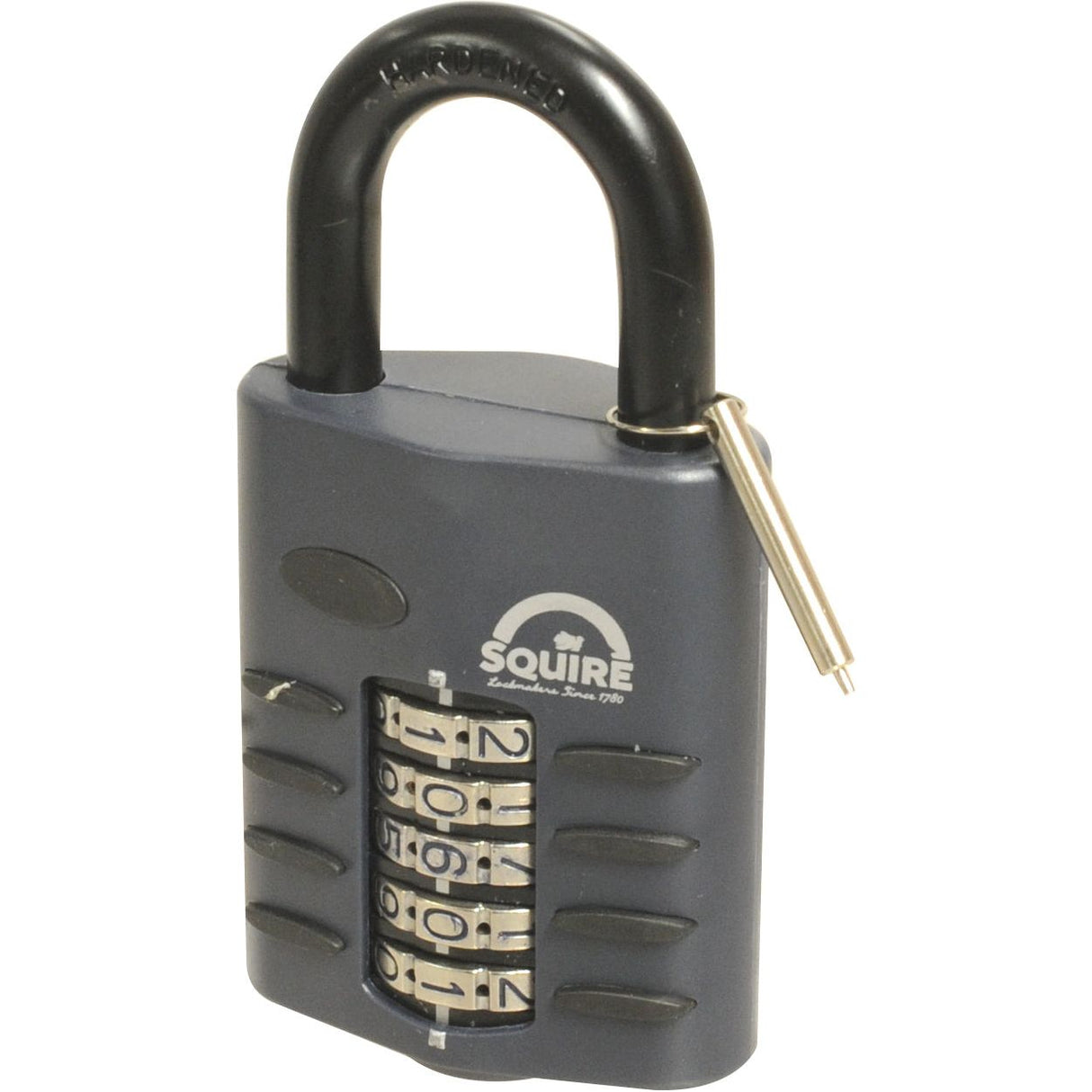 A black and gray Squire Recodable CP Combination Padlock from Sparex, featuring a robust die-cast body with a 60mm width and security rating of 6. This lock includes a four-digit combination dial, a side key insert for additional security, and is designed with heavy-duty features to ensure maximum protection. Ideal for those who need reliable corrosion resistance in their locks.