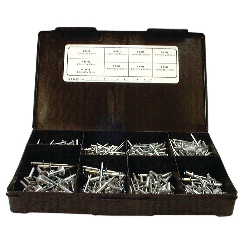 A black plastic organizer box designed by Sparex, featuring multiple compartments filled with various sizes and types of 295 Pop Rivets ranging from 3.2mm to 4.8mm in diameter and 8mm to 24mm in length. The lid includes a detailed label listing the rivet specifications. The product is identified as S.11465 Handipak by Sparex.
