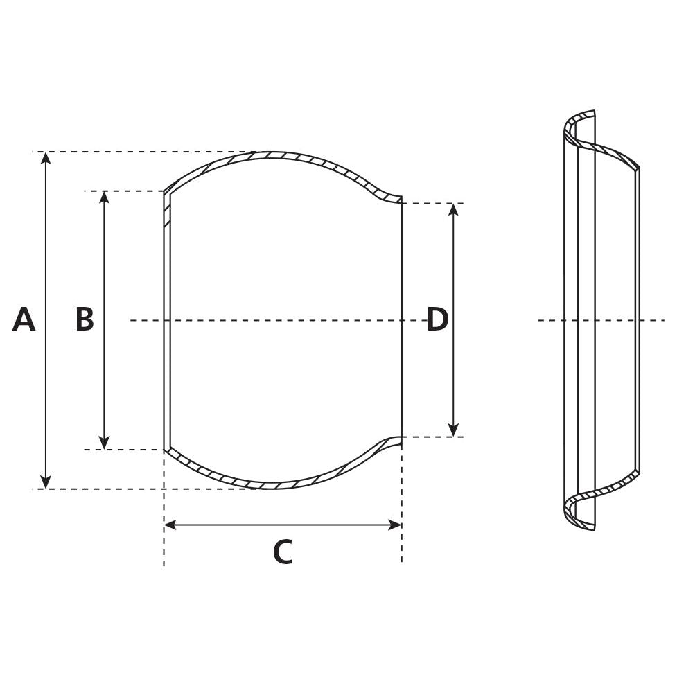 The technical drawing of a lens with labeled dimensions showcases a Sparex product. The Weld on Ball - Male - 4'' (100mm) (Galvanised) - S.115035 features heights A, B, and D, and a horizontal width C. The view includes both frontal and side perspectives of the double-convex shape.