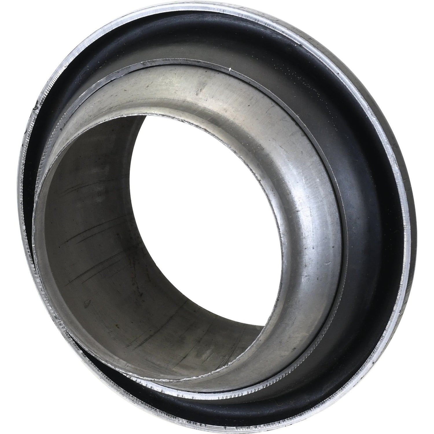 Close-up of the Sparex Weld on Ball - Male - 5" (120mm) (Galvanised) - S.115036, showcasing its circular, hollow structure with visible inner and outer layers.