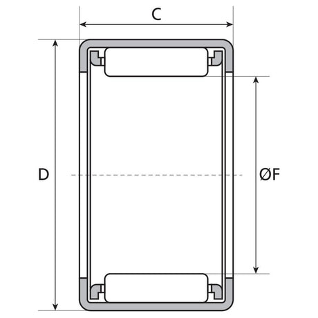 Technical diagram of a rectangular object with labeled dimensions C, D, and ØF, containing two cylindrical elements horizontally oriented at both ends. This design is compatible with the Sparex Needle Bearing (BH1620) - Sparex Part No. S.11516 from the brand Sparex, ensuring optimal performance and durability.