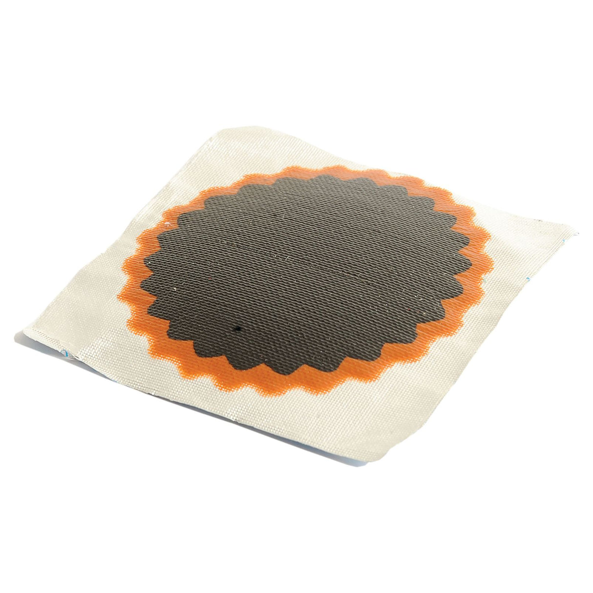 The Sparex Round Repair Patch (No.3) Ø54mm, featuring a black circular design with an orange scalloped border, is ideal for repairing motorcycle tubes and comes set against a square white fabric background.
