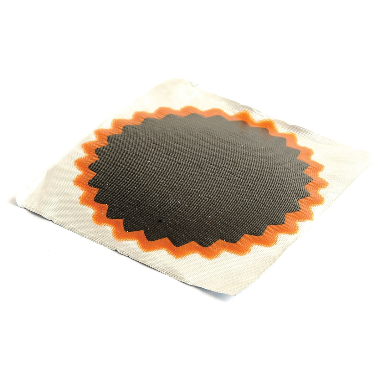 The Round Repair Patch (No.5) Ø94mm by Sparex, known as Sparex Part No.S.115207, features a round black center and an orange, jagged border. It is ideal for repairing punctures and measures 94mm in diameter.