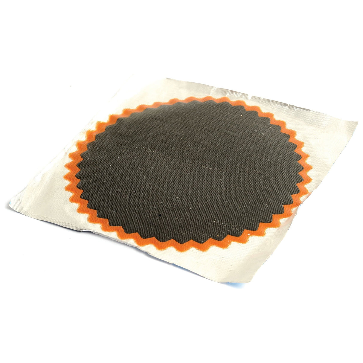 A Round Repair Patch (No.6) with a 116mm diameter, featuring a black center and orange scalloped edges on a white backing, from the Sparex brand (Part No. S.115208).