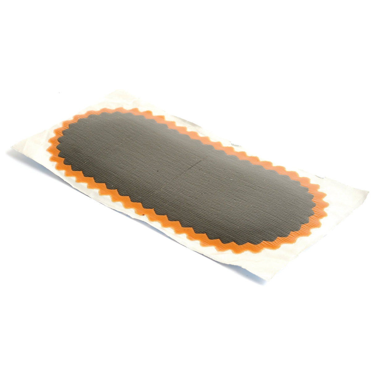 An oval tire patch, Sparex's Oval Repair Patch (No. 7B) 150 x 75mm, featuring a textured dark gray center and an orange zigzag border, ideal for motorcycle tube repair, placed on a white background.