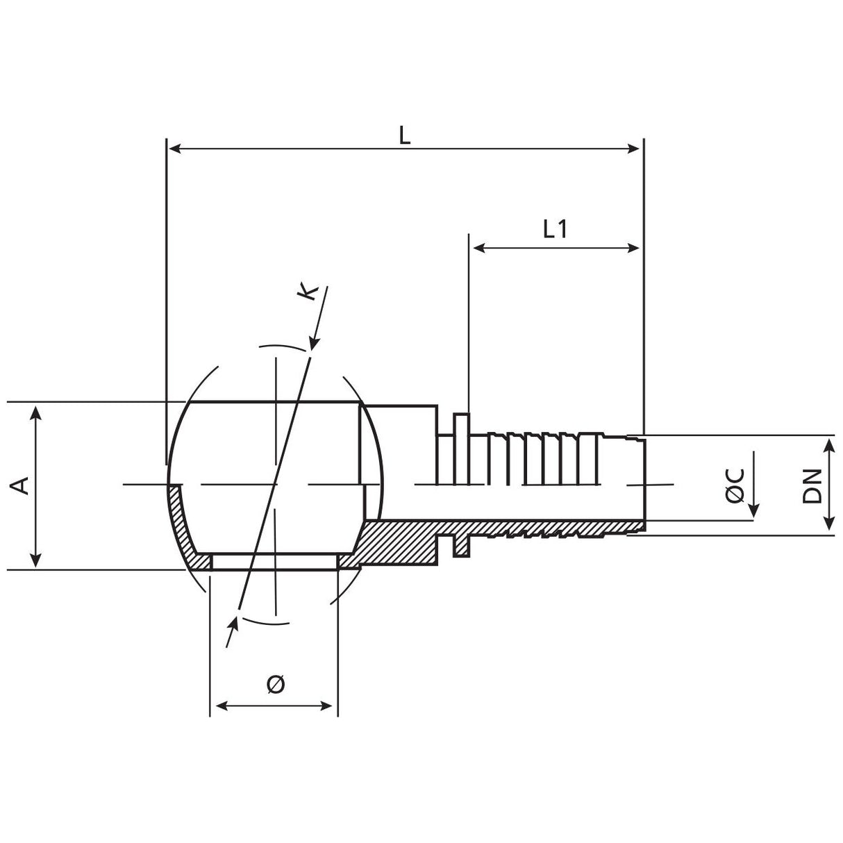 Technical drawing of a mechanical part with labeled dimensions, including length (L, L1), diameter (Ø, ØC, K), and height (A, DN), featuring a Dicsa BSP Banjo Insert 3/4'' x 3/4'' Ø | Sparex Part No. S.116709 from Sparex.
