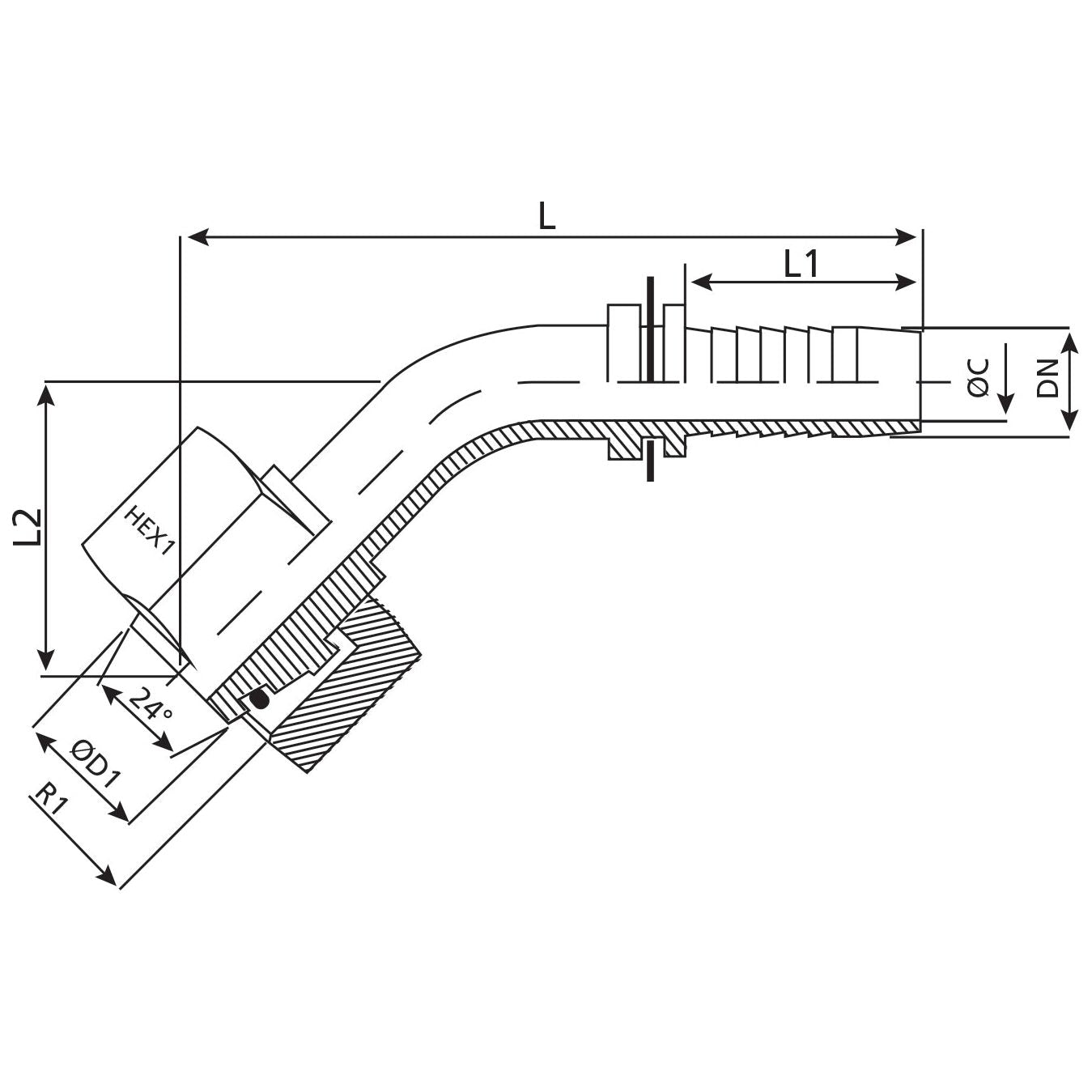 Dicsa Metric 24° Hose Insert 5/16'' x M20 x 1.5 (12S) 135° Swept Swivel With O-Ring
 - S.116761 - Farming Parts