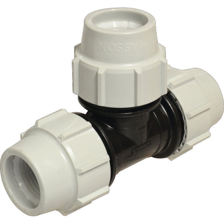 A 50mm plastic pipe fitting in a T-shape with white and black components, specifically designed by Sparex as the 90° Tee - 50 x 50 x 50 (Sparex Part No. S.119861).