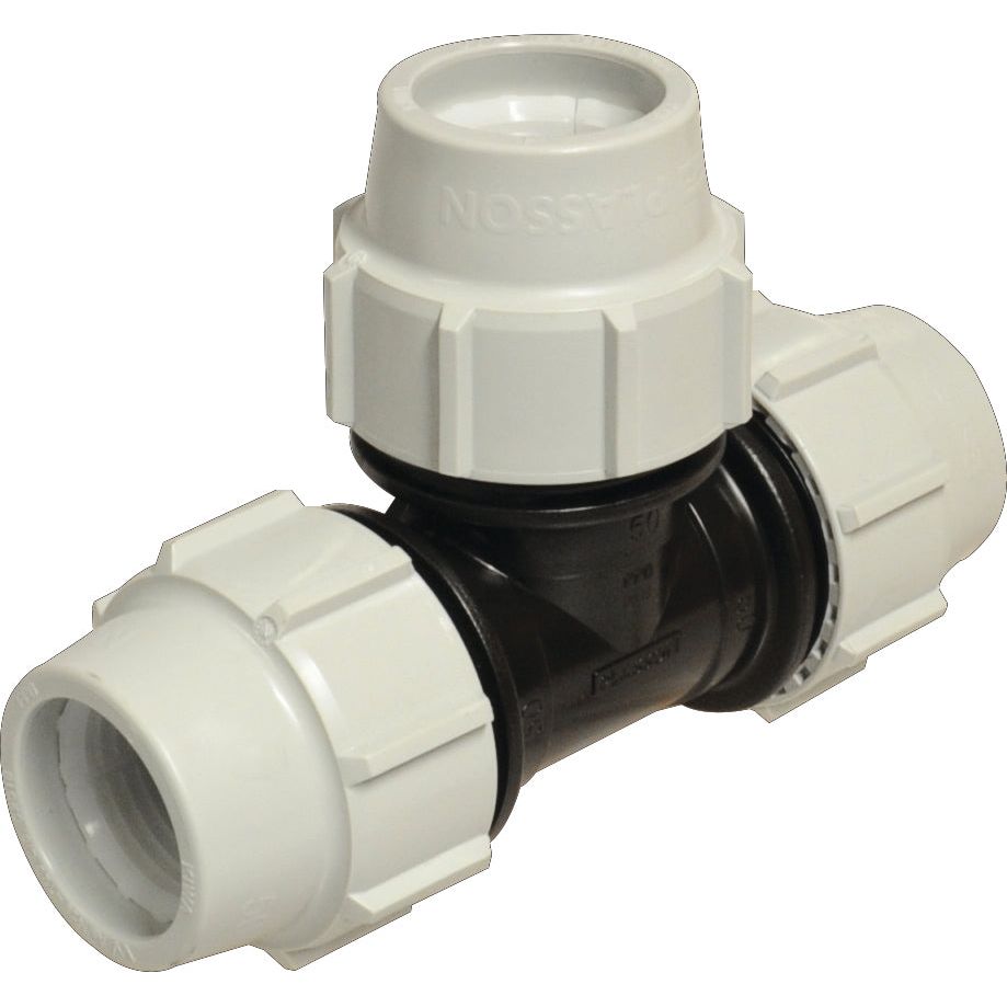 A 50mm plastic pipe fitting in a T-shape with white and black components, specifically designed by Sparex as the 90° Tee - 50 x 50 x 50 (Sparex Part No. S.119861).