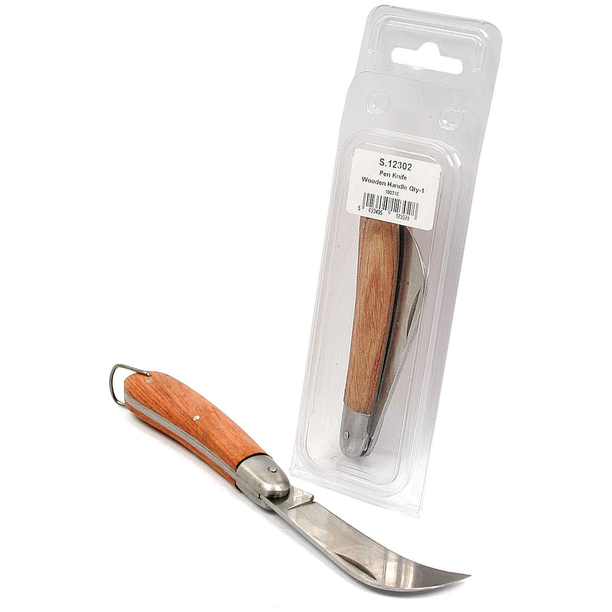The AGRIPAK S.12295 PENKNIFE - S.12302 by Sparex features a stainless steel blade and a sturdy wooden handle, shown open next to its clear plastic packaging. The knife's curved blade length complements its robust design perfectly.