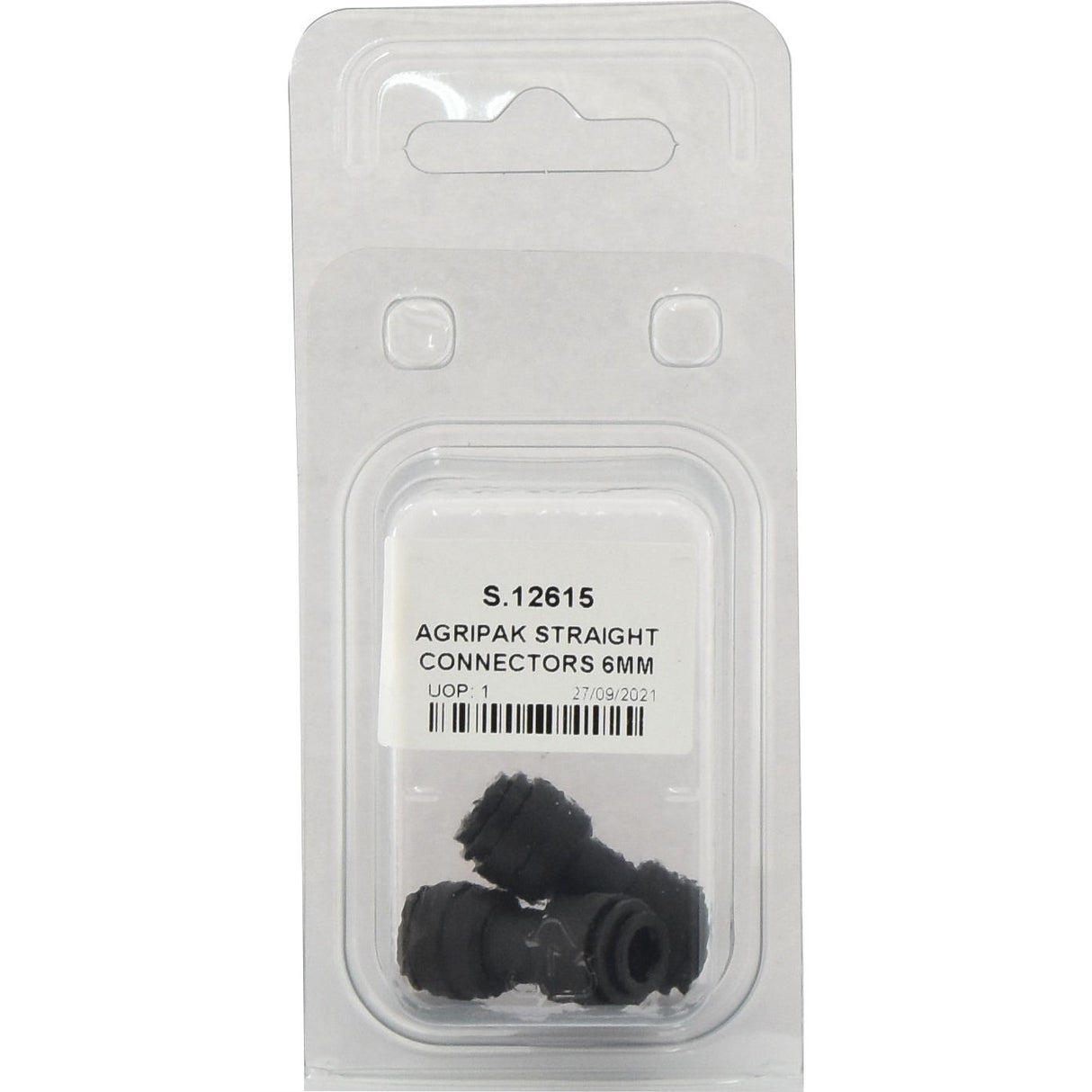 Clear plastic packaging containing Sparex AGRIPAK STRAIGHT CONNECTORS 6MM - S.12615, suitable for temperatures ranging from -25°C to 75°C.