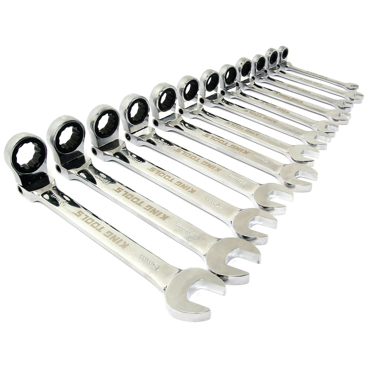 A 12-piece Sparex Flexible Reversible Gear Wrench Set (Sparex Part No. S.23337) featuring ratcheting combination wrenches with a sleek silver satin finish, arranged in a row showcasing both the open ends and the flexible, reversible gear wrench box ends.