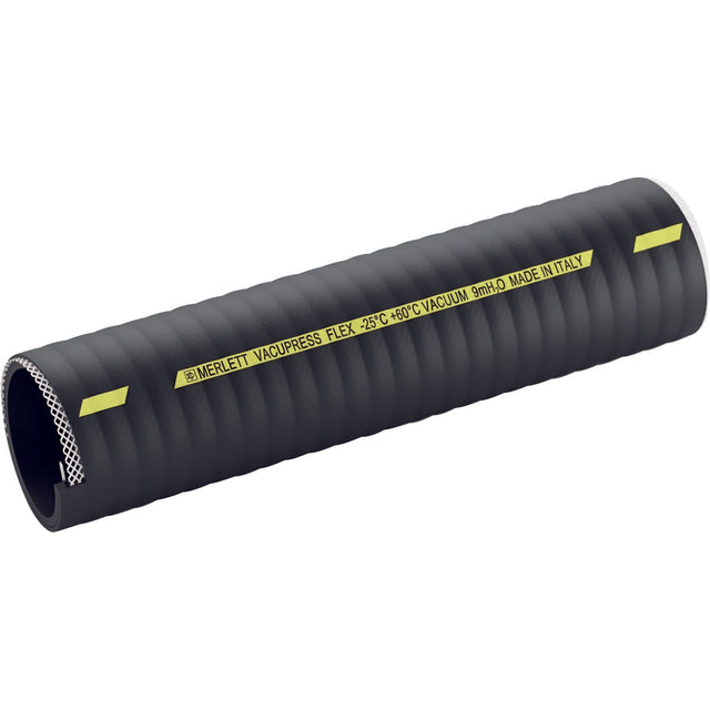 A black flexible vacuum hose, branded as Sparex Tanker Hose (Merlett Vacupress Flex), labeled "MERLETT VACUPRESS FLEX -25°C+60°C VICAU/V. 9mm140 MADE IN ITALY," with a hose ID of 50mm (2'') - S.135719, includes manufacture information and is suitable for a variety of applications.
