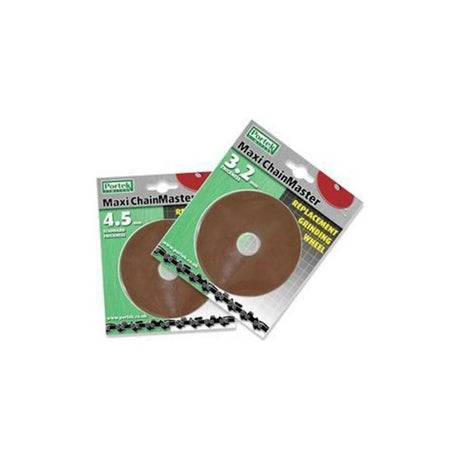 Two packages of AGCO Mini Chainmaster Sharpener Grinding Wheels (4.5mm) - 093/02, perfect for your Mini Chainmaster Sharpener; one disc is 4.5 inches and the other is 3.2 inches. The left package has a green design, while the right package features white with red accents.