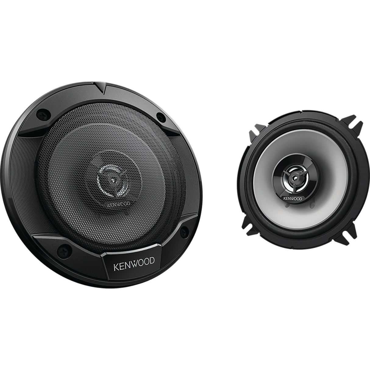 The 13cm Flush Mount Speaker - S.147877 from Sparex comes as two units: one with a grille cover and the other without. Both speakers feature sleek black and silver components, boast 260W peak power, and include a 25mm balanced dome tweeter for crisp sound. The polypropylene woofer cone enhances durability and high-quality audio performance.