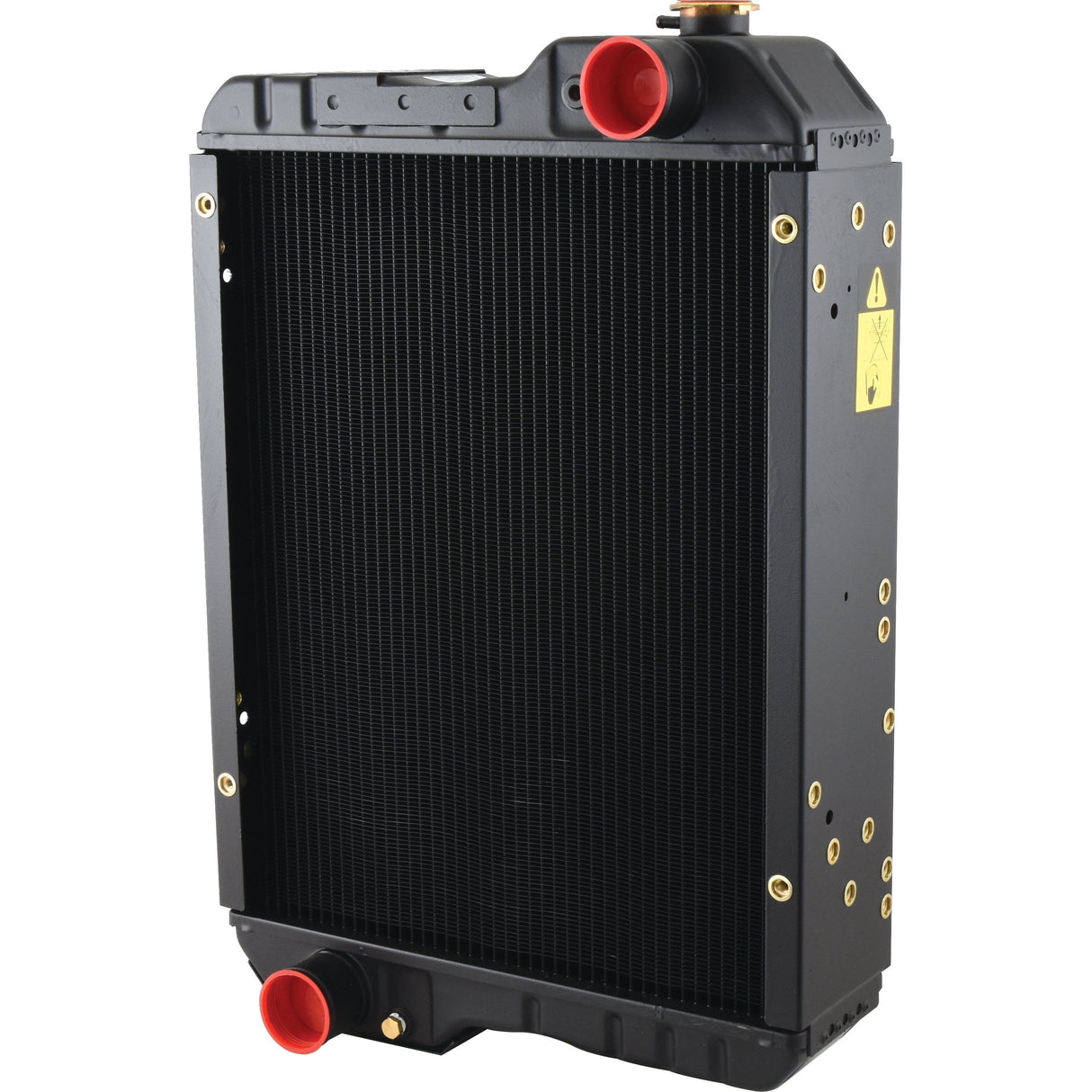 The Sparex Radiator - S.140967 is a black automotive radiator with red caps on the top and bottom ports, designed to cool the engine by dissipating heat.
