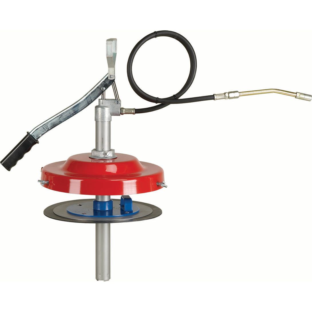 The Bucket Greaser - 12.5kg (Sparex Part No. S.14588) from Sparex comes with a red hopper, black handle, and attached hose for smooth pump action.