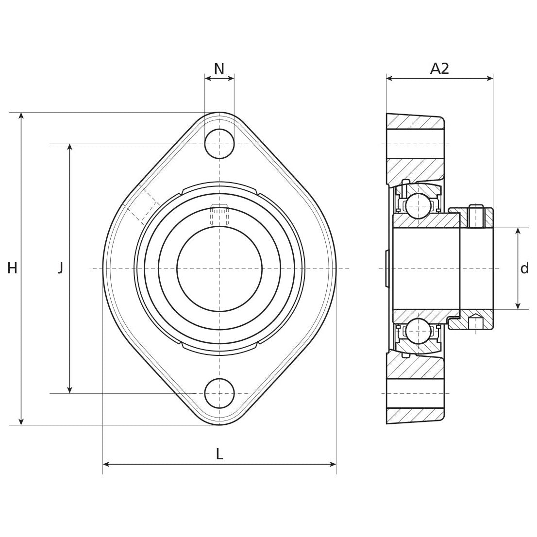 Technical diagram of the Sparex NTN SNR Two-Bolt Flanged Unit (ESFD204) with front and side views. Dimensions labeled include H, J, L, N, A2, and d. This Sparex bearing model ensures precision in your mechanical assemblies.