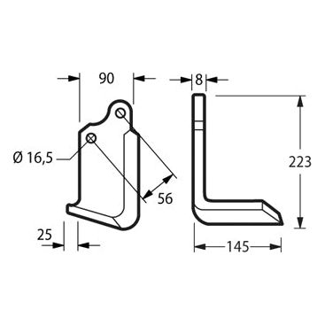 Rotavator Blade Square LH 90x8mm Height: 223mm. Hole centres: 56mm. Hole⌀: 16.5mm. Replacement for Maschio, Valentini
 - S.149227 - Farming Parts