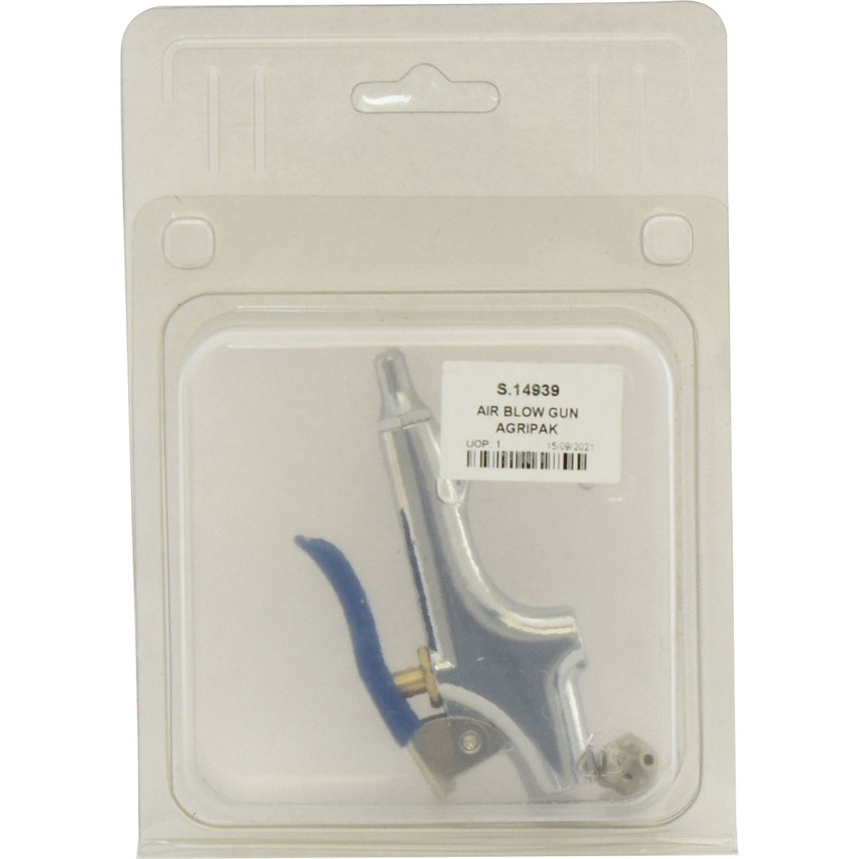 Packaged Sparex Air Blow Gun (1/4'' BSP) | Sparex Part No.S.14939 with a blue handle, displayed in a see-through plastic casing. The product label reads "AIR BLOW GUN AGRIPAK." It features multi-hole nozzles for efficient compressed air cleaning and a 1/4'' BSP fitting for easy attachment.