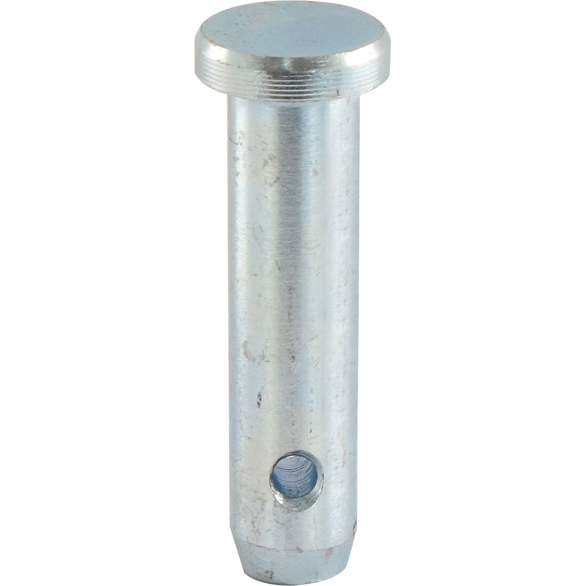 The Sparex Top Link Pin 19x58mm Cat. 1 - S.15011 is a cylindrical metallic pin featuring a flat, round head and a small hole near the bottom, specifically designed to secure bolted joints under dynamic loads.
