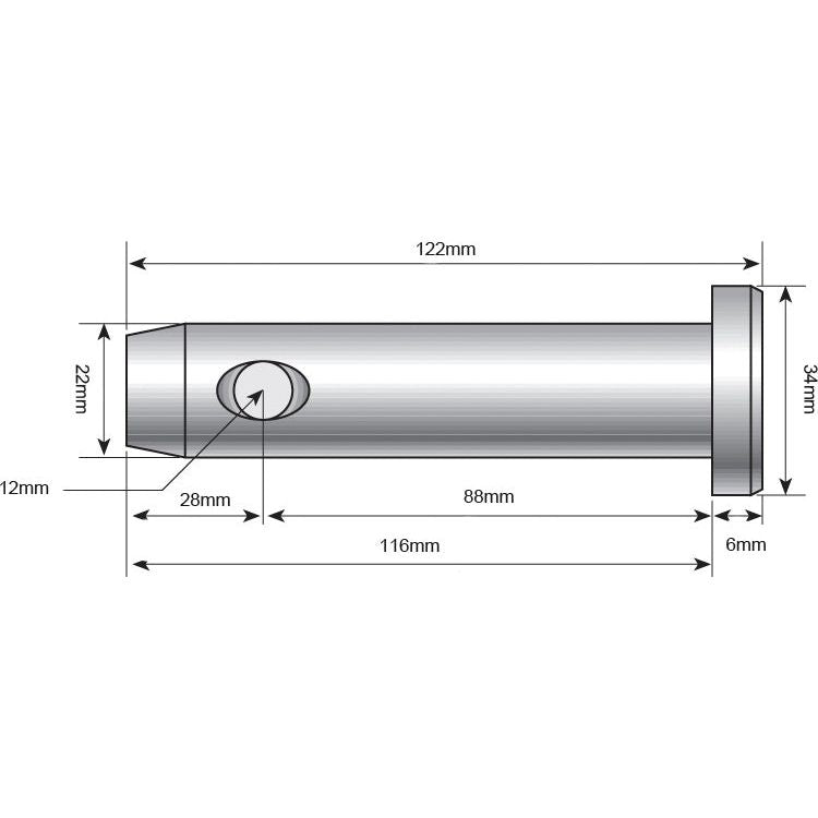 Technical drawing of the Sparex Top Link Pin 19x58mm Cat. 1 - S.15011, showcasing measurements. The pin measures 122mm in length and 12mm in diameter, with a 6mm hole near one end and a 33mm flange on the other end, along with detailed length dimensions. This pin is ideal for applications involving bolted joints.