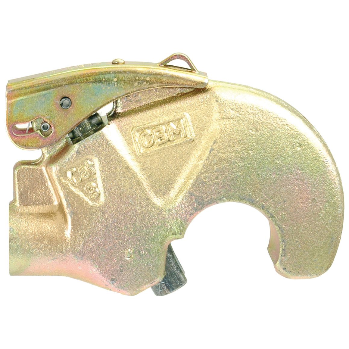 The Top Link Weld On Hook - Cat. 2 from Sparex, featuring a thread size of M36x2 (RH), is a robust metal clamp tool with a rust-resistant zinc coating, an ergonomic curved design, and an efficient lever mechanism. It also includes an engraved "CBM" logo and is compatible with various metric thread sizes.