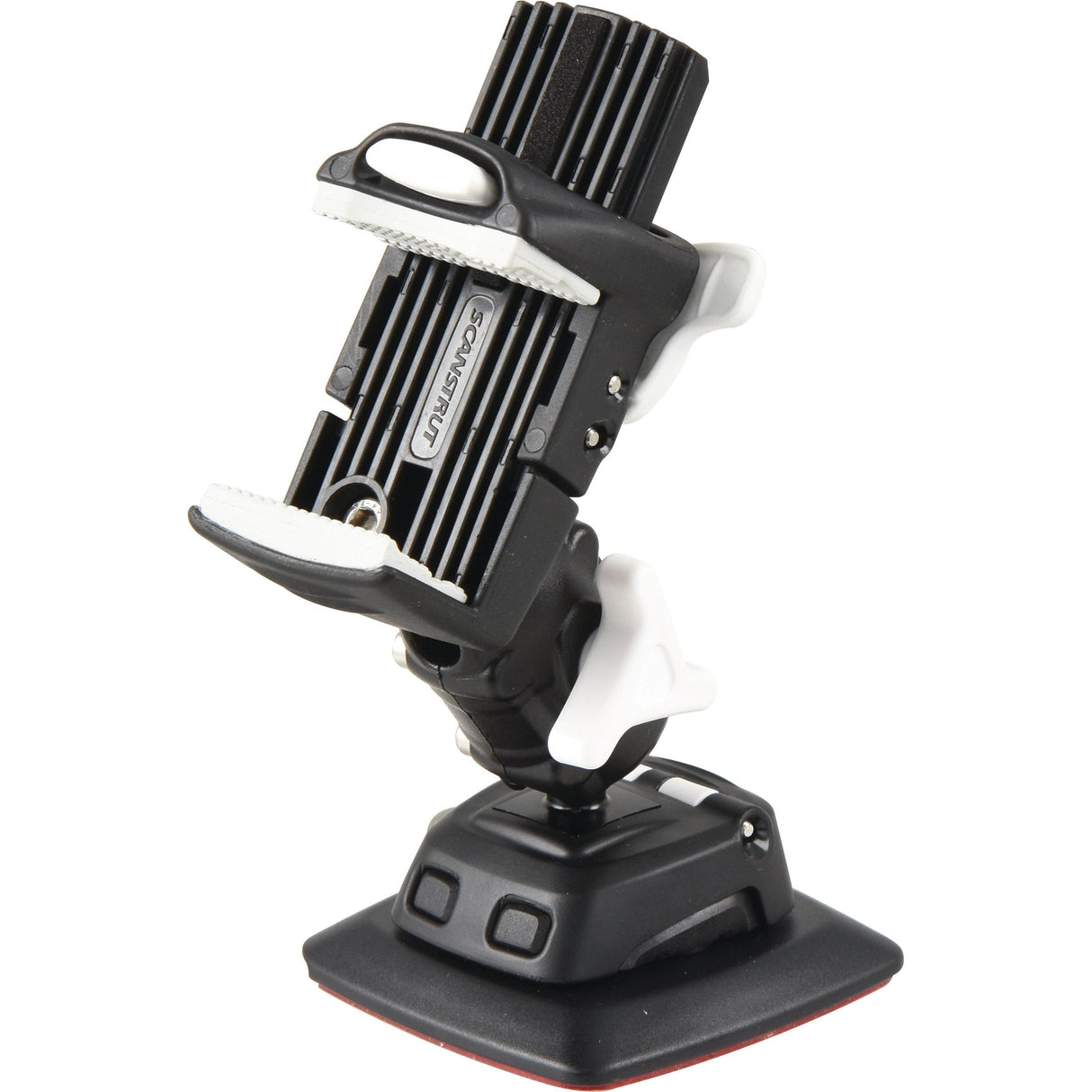 The ROKK Mini Adjustable Phone Clamp & Adhesive Mount (Sparex Part No.S.151440) by Sparex, featuring a black and white design with a suction cup base and an extending arm, rests on a white background.