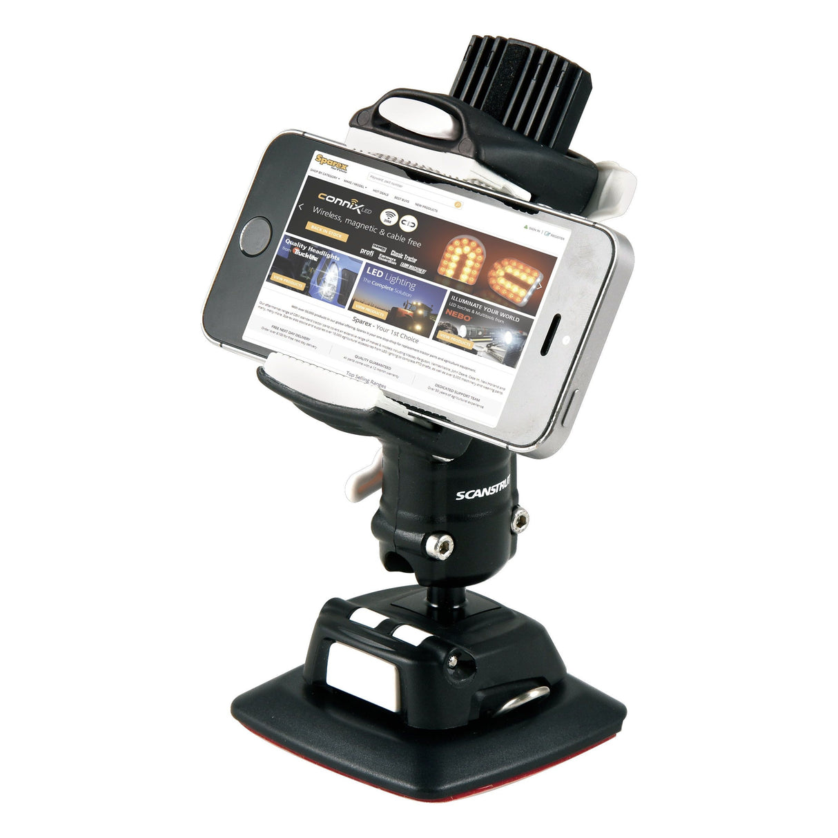 A smartphone mounted on a ROKK Mini Adjustable Phone Clamp & Adhesive Mount (Sparex Part No. S.151440) from Sparex, positioned in a landscape orientation. The phone screen displays a website with various electronic products and related items.
