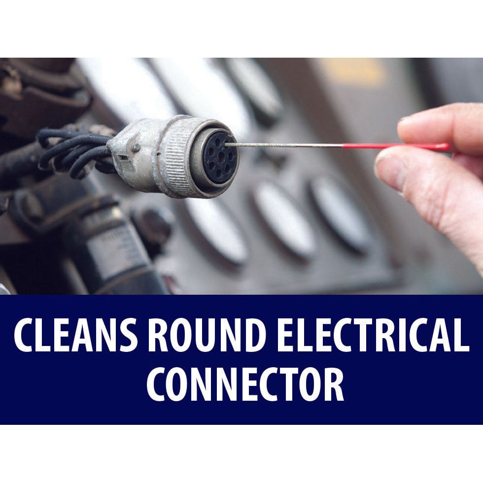 A person cleaning a round electrical connector using the Sparex Super hard Diamond-Coated Round Micro Files - S.151751. Text reads: "Cleans Round Electrical Connector.
