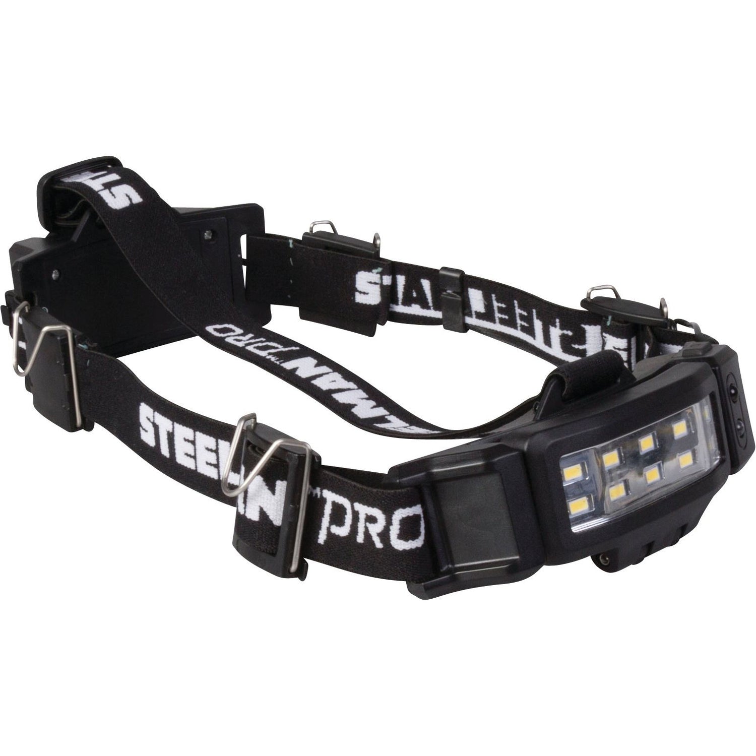A black LED headlamp from Sparex with adjustable straps and multiple lights, featuring the text "Slim rechargeable headlamp with movement detector - S.151756." This headlamp includes a motion sensor for hands-free operation and comes with a rechargeable battery for convenience.