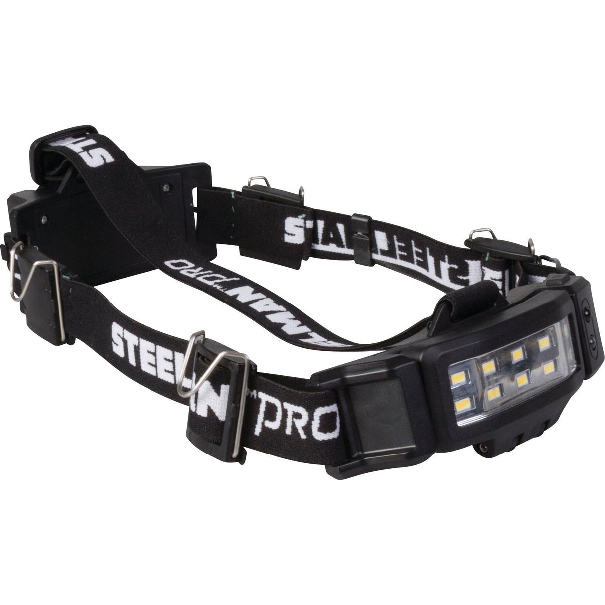 A black LED headlamp from Sparex with adjustable straps and multiple lights, featuring the text "Slim rechargeable headlamp with movement detector - S.151756." This headlamp includes a motion sensor for hands-free operation and comes with a rechargeable battery for convenience.