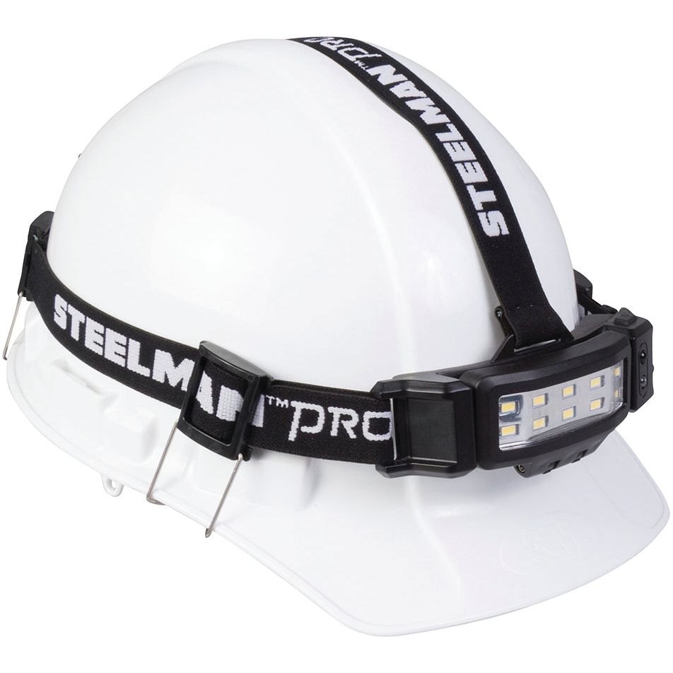 A white hard hat with a Sparex Slim rechargeable headlamp with movement detector, model S.151756, attached by its black strap. Featuring multiple LED lights and equipped with a rechargeable battery, the headlamp ensures reliable illumination.