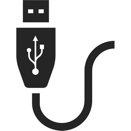 Illustration of a USB cable with a standard connector on the left, curving to the right, seamlessly integrated into the Slim rechargeable headlamp with movement detector - S.151756 by Sparex.