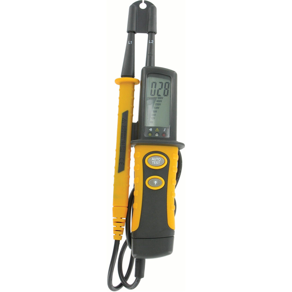 The Sparex Electrical Voltage Tester - S.151758 features a yellow and black body, an LCD display reading "0.28," and includes two test probes, making it a reliable continuity tester as well.