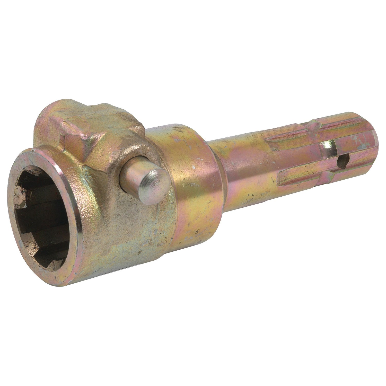 The Sparex PTO Adaptor, S.151770, features a 1 3/4'' - 6 female spline on one end and a 1 3/8'' - 6 male spline with a quick-release pin on the other, ideal for standard duty applications.