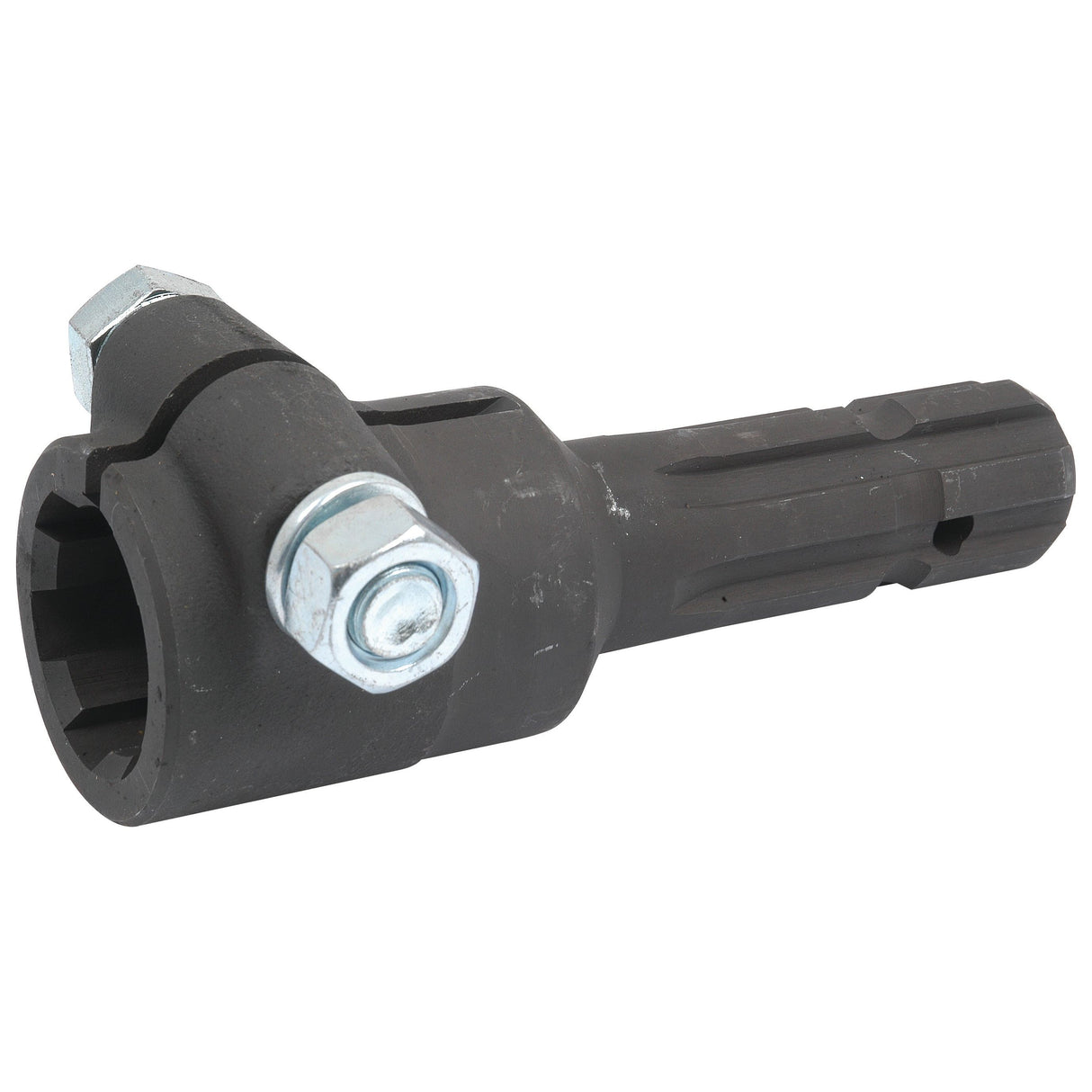 Close-up of the heavy-duty Sparex PTO Adaptor - Female spline 1 3/4'' - 6 x Male spline 1 3/8'' - 6 with Clamp Bolt. The black cylindrical metal tool, featuring a hexagonal bolt and threaded opening, has a grooved shank and exudes a robust, industrial design reminiscent of adapters used for machinery over 70HP.