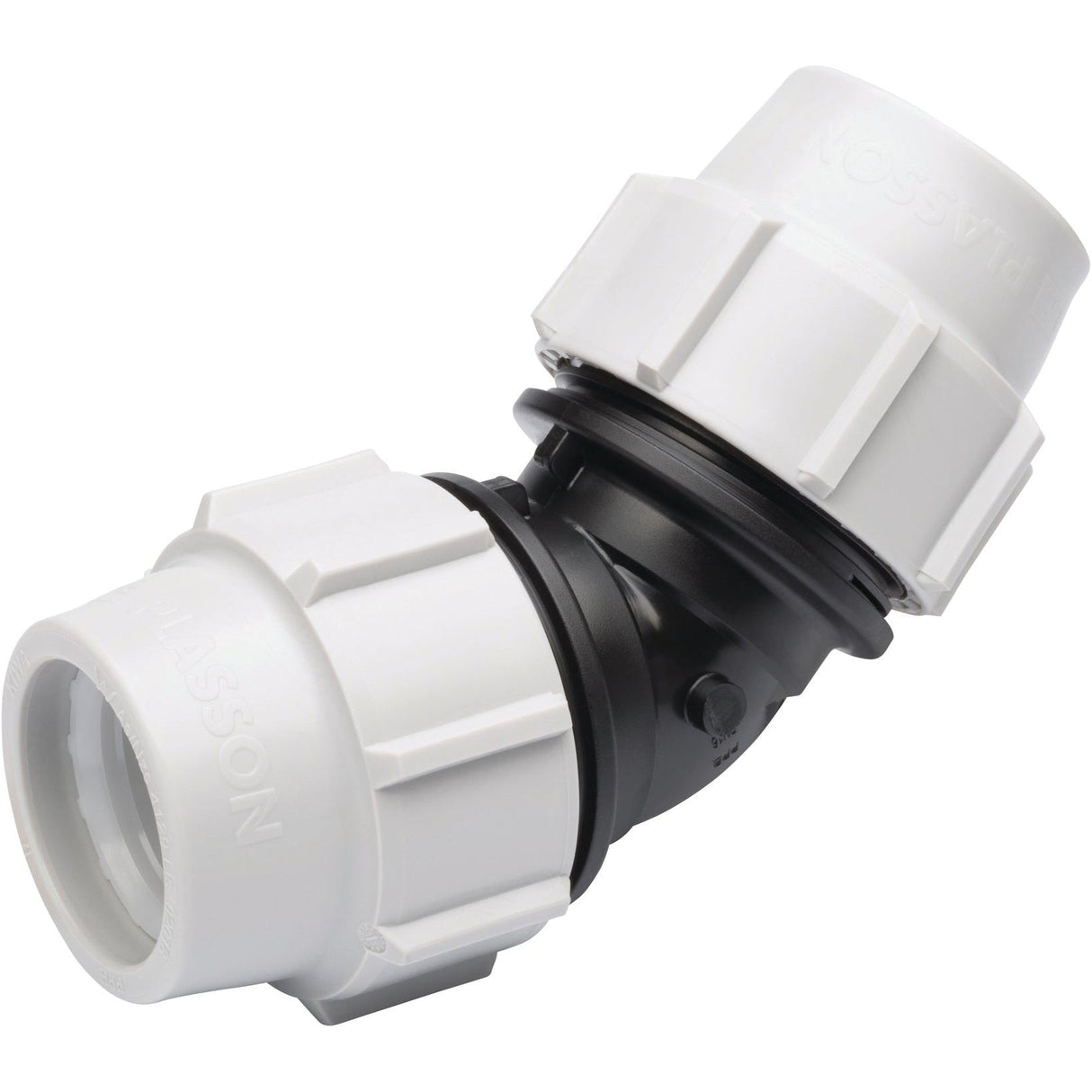 A Sparex 45° Elbow 32 x 32 (Sparex Part No. S.151817) features two white threaded ends joined by a black middle section, designed for 32 mm plastic plumbing pipes.